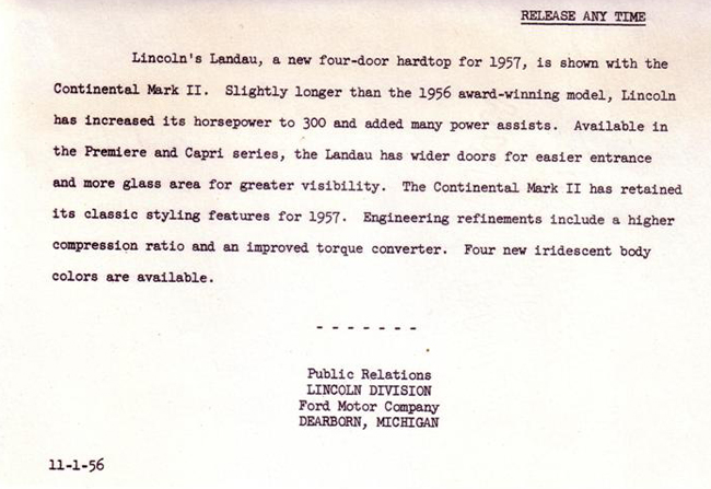 1957 Lincoln press release